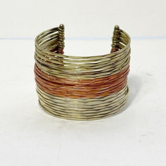 Stacked Hammered Mixed Metal Cuff Bracelet Gold Copper Tones Open Design Stylish - Picture 2 of 8